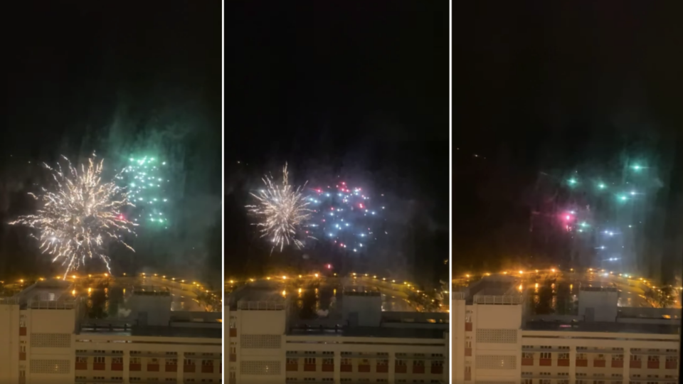 Residents in a Tsz Wan Shan estate awoke to find a colorful pyrotechnic display outside their window around 2am on Feb. 10, 2021. Photo: Facebook/Kingman Chan
