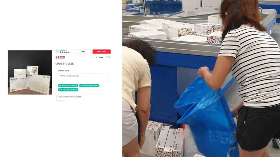 Ikea’s “Bygglek” Lego bricks listed on Carousell, at left, and customers buying boxes of the product at Ikea, at right. Photos: Carousell, SG Toy Sale/Facebook