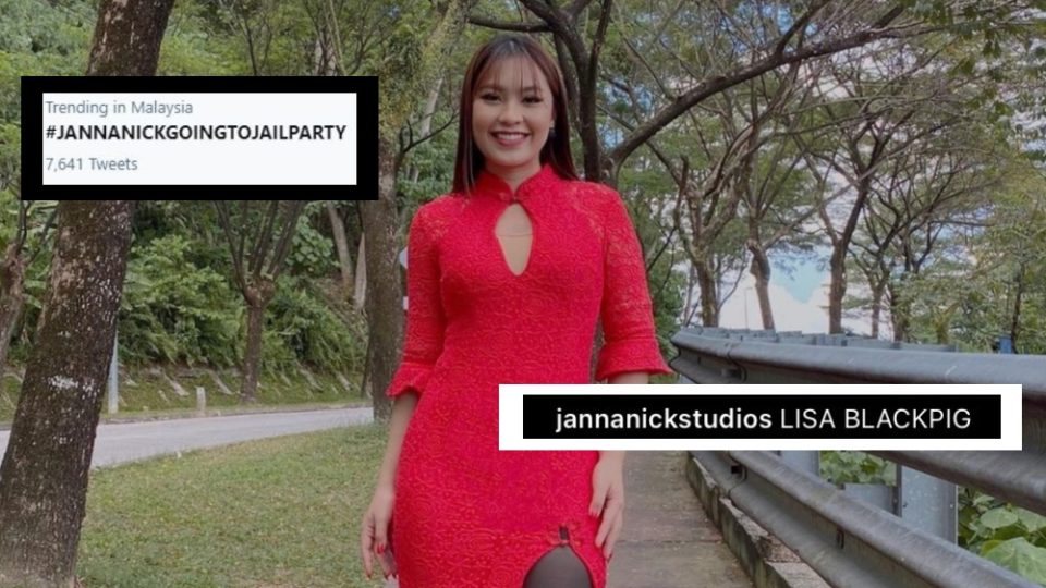 Edited photo of Janna Nick surrounded by ‘#JANNANICKGOINGTOJAILPARTY’ and ‘LISA BLACKPIG’ text. Photo: Coconuts