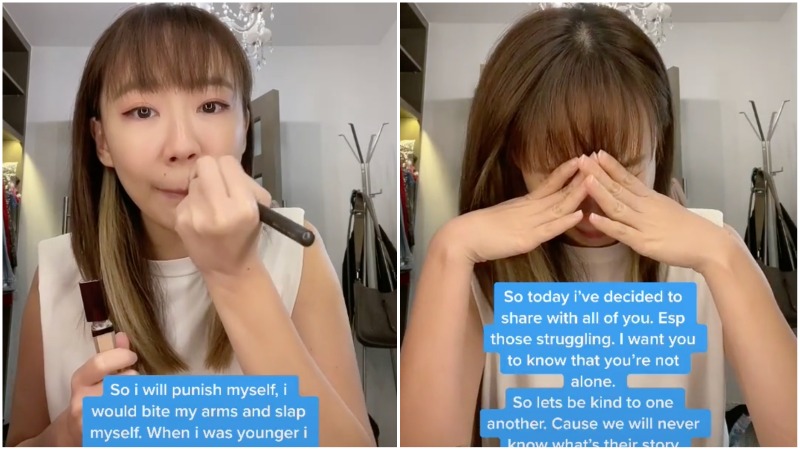 Screengrabs of actress Julie Tan’s TikTok video in which she broke down crying while doing her makeup. Photos: Julie Tan/TikTok
