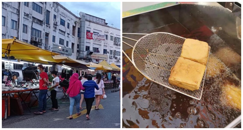 People walking along the Sri Petaling night market, at left, and stinky tofu in the fryer, at right. Photos: Pasar Malam Sri Petaling and Denise Tan/Facebook