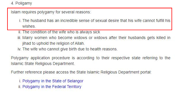 Screenshot of the text on polygamy by MyGovernment