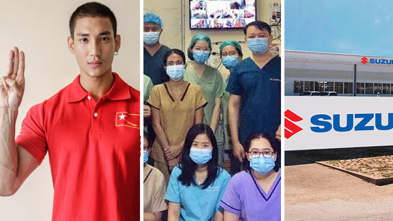 From left, model-actor Paing Takhon, medical staff at Yangon General Hospital, and a Suzuki Motors factory in Thilawa.