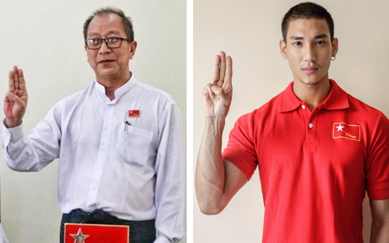 Kyi Toe, a senior member of the deposed National League for Democracy party, raises a three-finger salute in defiance of Myanmar’s newly installed junta, at left. Burmese model-actor Paing Takhon joins the movement, at right.
