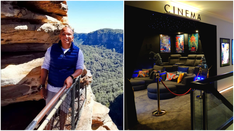 Helmi and the entrance of his home theatre. Photos: Helmi Abdat
