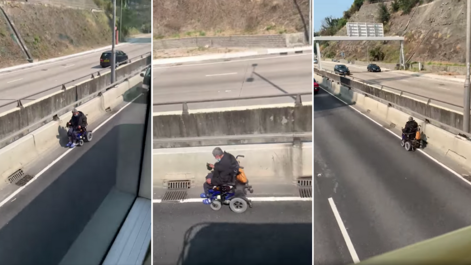The white-haired, wheelchair-bound man was spotted riding on a three-lane highway near Cheung Sha Wan. Photo: Facebook/Eric Chan