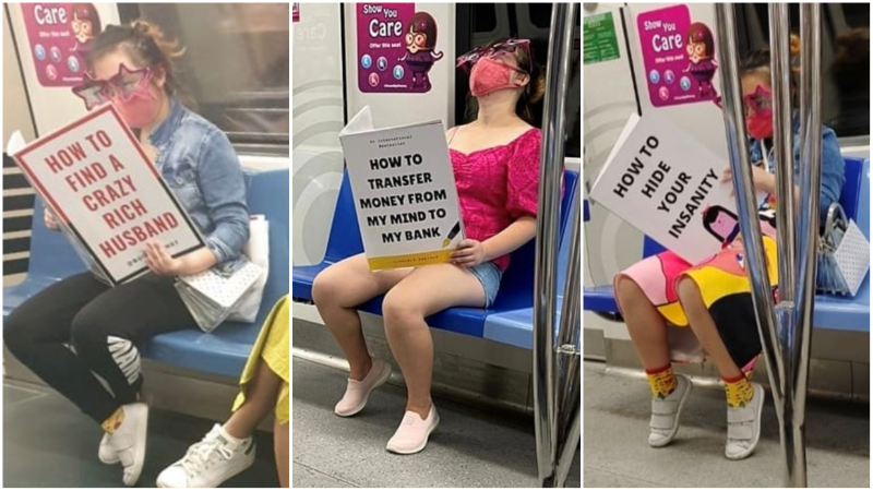 The literally named ‘Woman With Books’ in three images from her social experiment. Photos: Woman With Books
