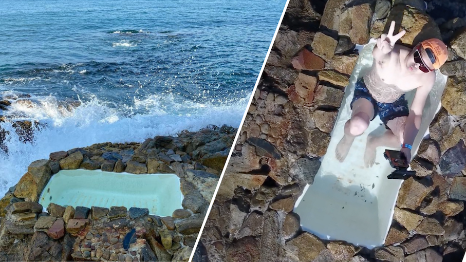It remains a mystery as to who embedded the bathtub into the weathered cliff in Little Palm Beach, Sai Kung. Photo: Instagram/lightgraycoffee and YouTube/Wing Chu