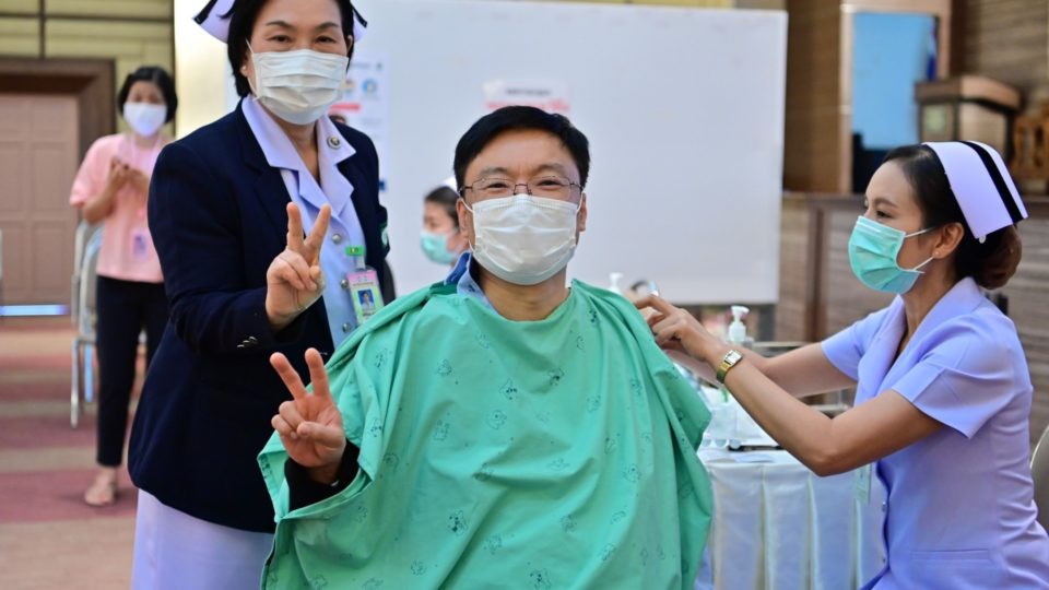 File photo of a Thai health worker being vaccinated this week. Photo: Department of Disease Control / Facebook
