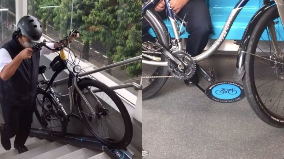 Governor Anies Baswedan bringing his bike aboard the MRT. Photos: Instagram/@aniesbaswedan