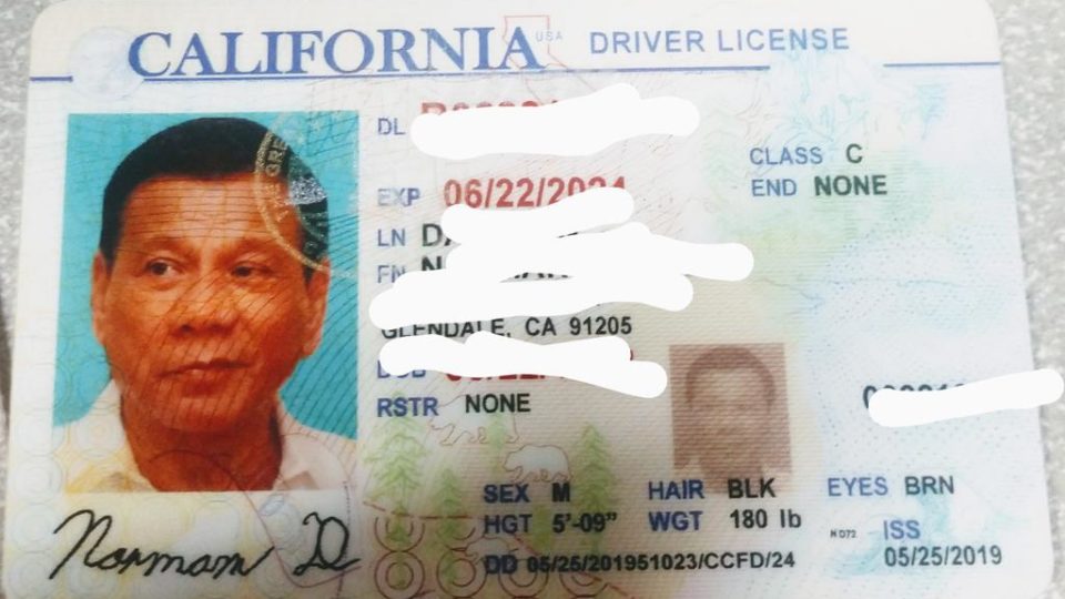 The fake driver’s license found in Los Angeles. Photo: LAPD Rampart/Twitter