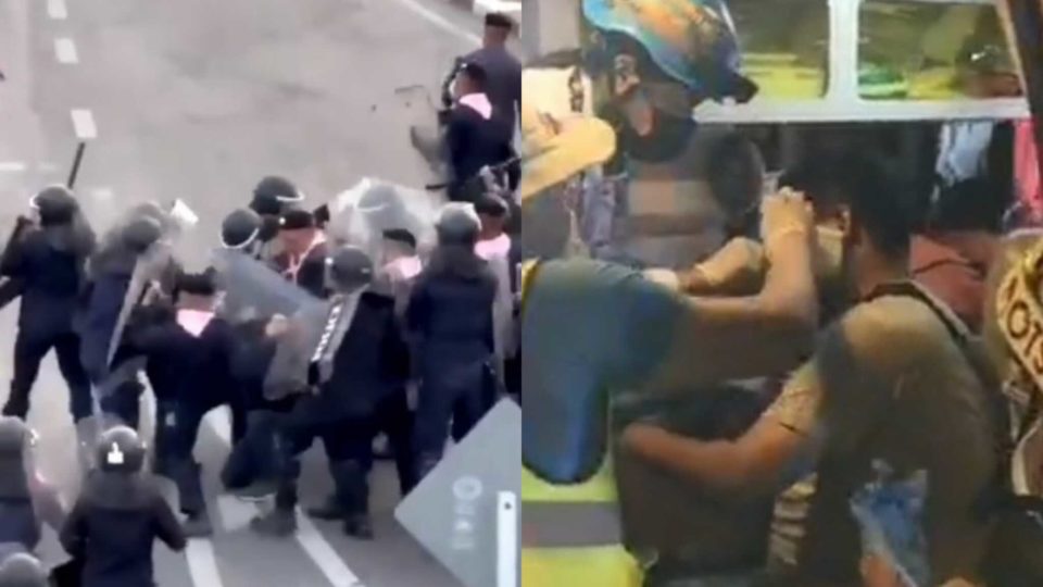 Police in riot gear beat down one protester, at left, and a protester is treated after reportedly being shot in the head by a rubber bullet, at right. Photos: @IlawFX, @Prachatai / Twitter
