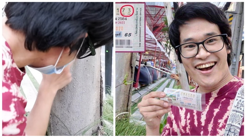 Isaka Tomoya gives a good rub at a tree at Donki Mall in Soi Thonglor 10 and now he gets lucky from the numbers he sees on it. Images: RyotaMoisture / YouTube, MyThaiDiary / Facebook 