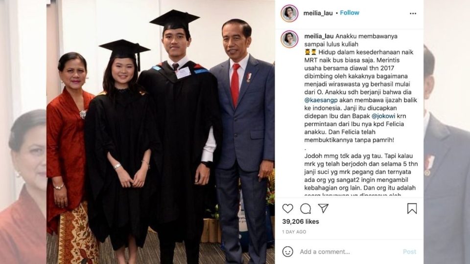 Private details about Kaesang Pangarep and Felicia Chew’s relationship were widely discussed online over the weekend after Felicia’s mother Meilia Lau shared on Instagram her side of the story, all while tagging both Kaesang and President Jokowi in her now-viral posts. Screenshot from Instagram/@meilia_lau