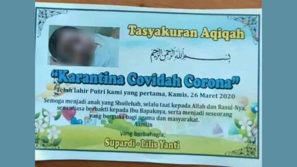 The ‘aqiqah’ announcement of Karantina Covidah Corona. Aqiqah refers to an Islamic name, date of birth, and gender reveal tradition involving the distribution of meat from a sacrificial animal ⁠— usually a goat ⁠— to neighbors and the needy. Photo: Twitter