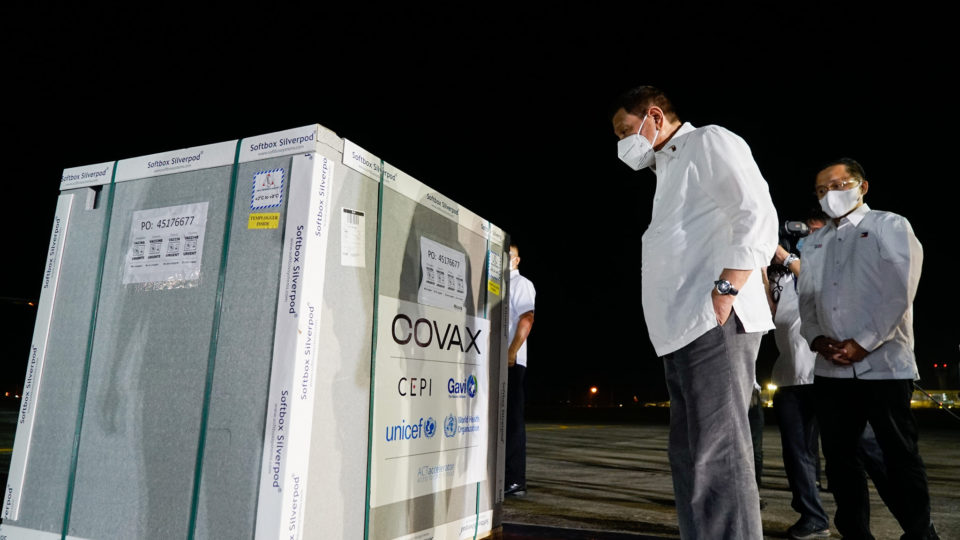 President Rodrigo Duterte inspects the donated AstraZeneca vaccines from COVAX. Photo: Presidential Communications/FB