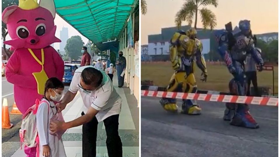 ‘Pinkfong’ looks on as a student enters the school, at left, Transformers characters Bumblebee and Optimus Prime taking a walk, at right. Photos: Bernama, K_Izuddin/Twitter
