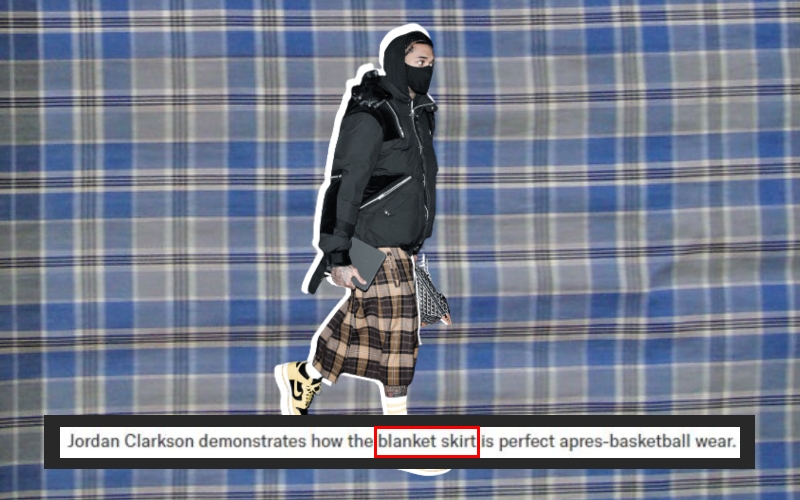 The GQ caption over a photo of Jordan Clarkson in the ‘blanket skirt.’ Photo: Coconuts
