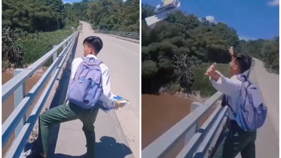 Screenshots of the boy throwing his books into the river. Photo: @Hazipaiman_/Twitter
