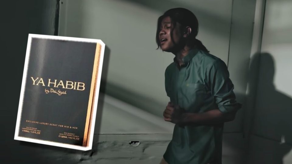 Screenshot of Da’i Syed’s ‘Ya Habib’ music video alongside a box of ‘Ya Habib’ fragrance. Photo: Coconuts