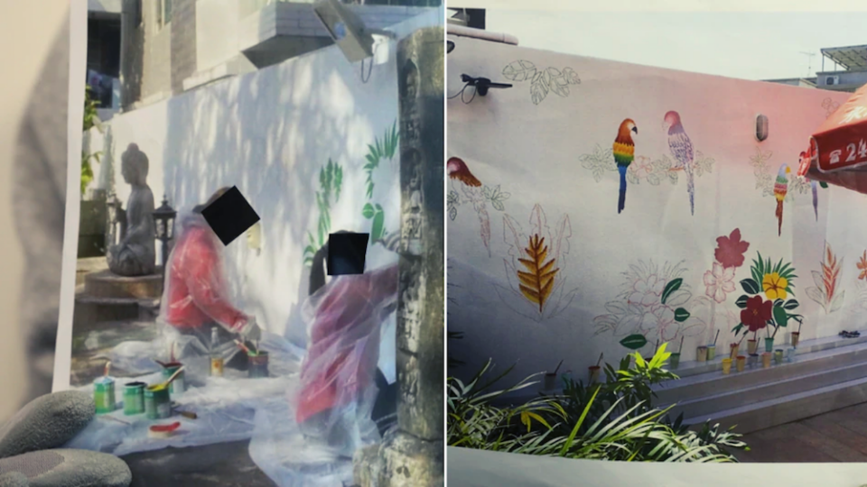 Teachers at the kindergarten, located in Tai Kok Tsui, say they were forced to paint a mural at the school principal’s home. Photos: Apple Daily