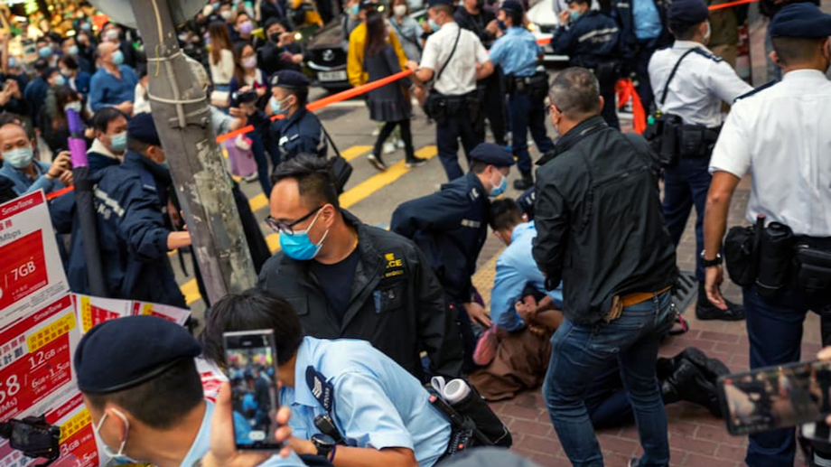 Police pinned down the man after he ignored orders to leave and allegedly struck an officer during a confrontation. Photo: Facebook/Hospital Authority Employees Alliance