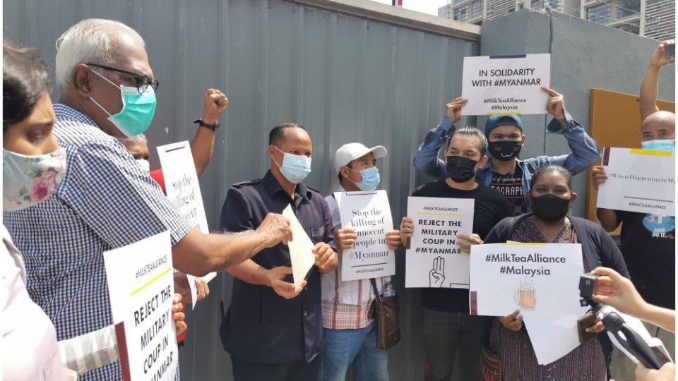 People outside the Myanmar Embassy in Kuala Lumpur. Photo: Milk Tea Alliance Malaysia/Twitter