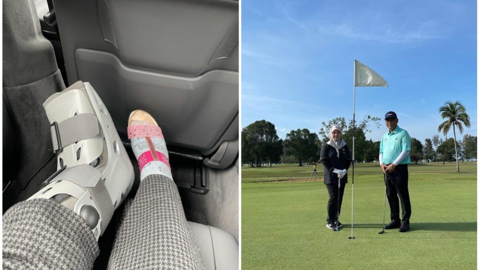 The queen’s injured foot, at left, and her day at the golf course with the king. Photos: Airtangan_tunkuazizah/Instagram
