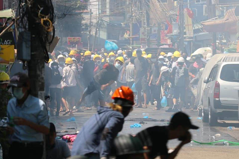 Protesters on Friday morning in Yangon’s Hlaing Township. Photo: @Your_j0y / Twitter