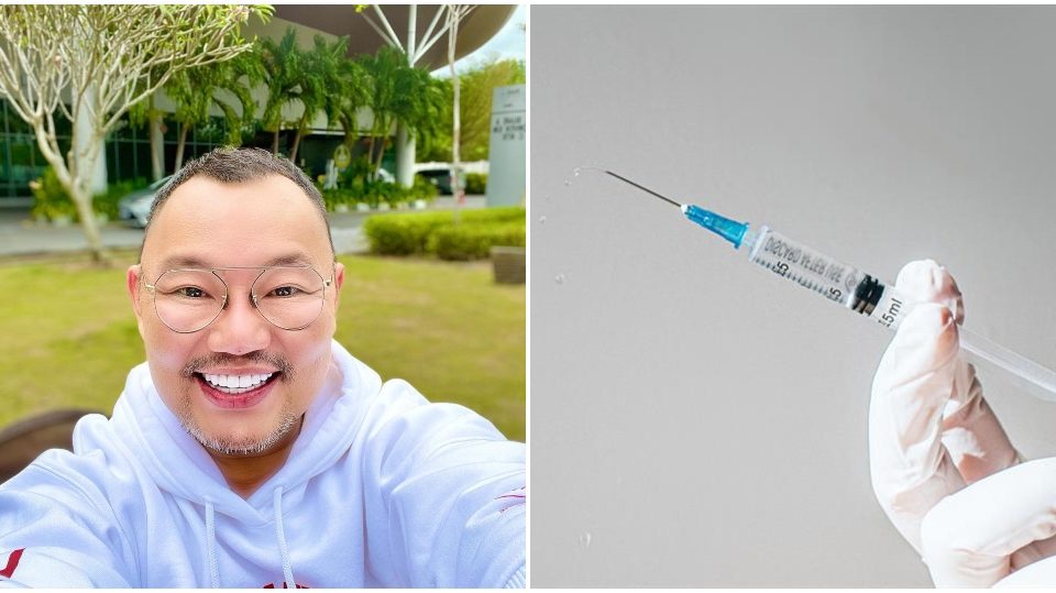 Michael Ang takes a selfie, at left, and a file photo of a syringe, at right. Photos: Michael Ang/Instagram and GP Online/Facebook