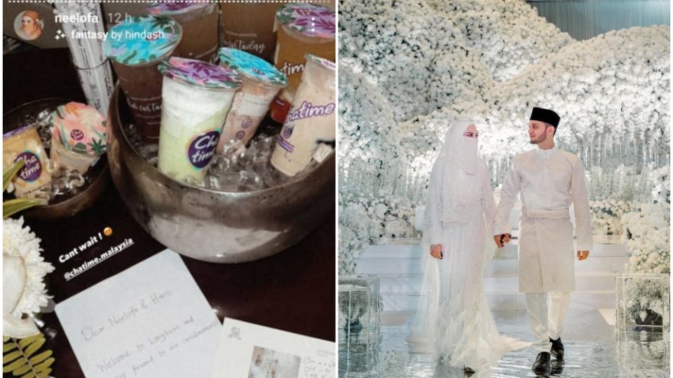 Neelofa posts a photo of Chatime drinks, at left, and walking with Harris on their wedding day, at right. Photos: Neelofa/Instagram
