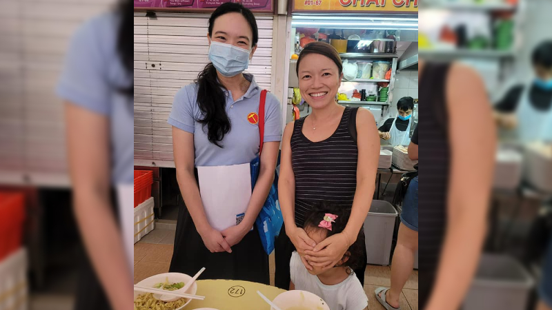 Workers’ Party member Nicole Seah poses with a woman and a girl on Sunday. Photo: Nicole Seah/Facebook

