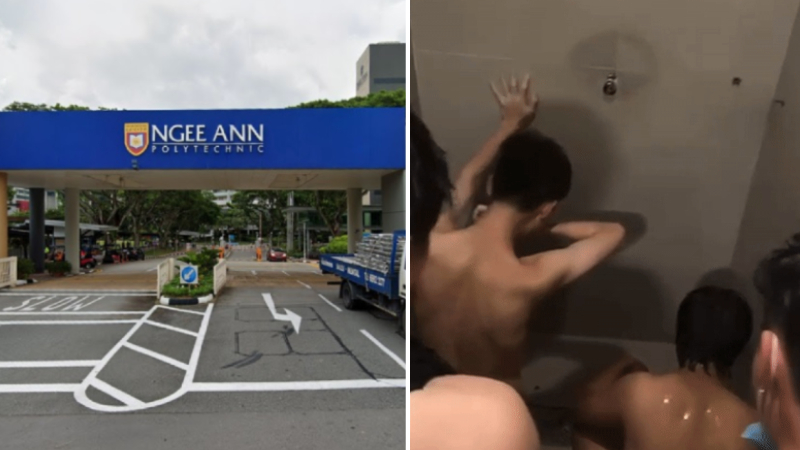 At left, one of Ngee Ann Polytechnic’s entrances and a screengrab from a now-deleted video of students being urinated upon there that was shared on Instagram, at right. School photo: Google
