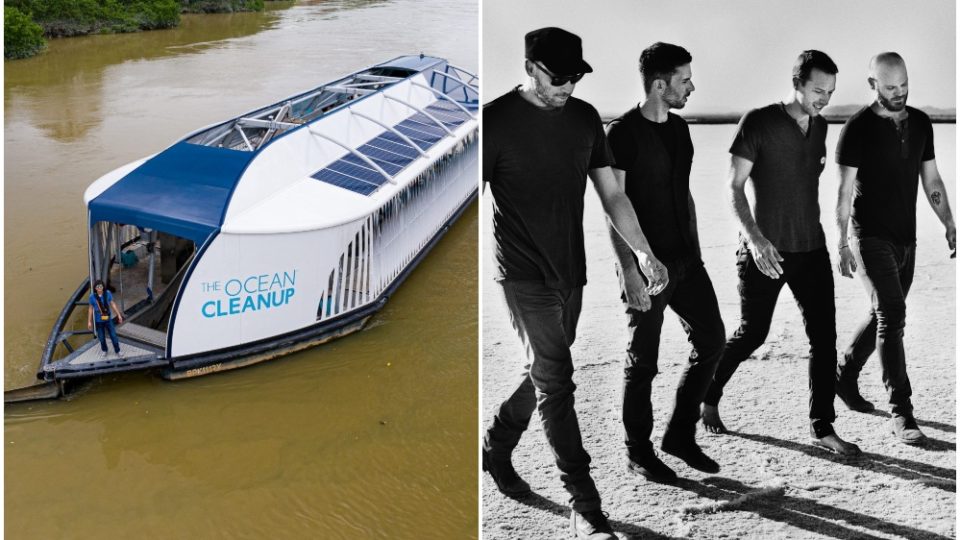 Interceptor 002 floating along the Klang River in 2019, at left, and Coldplay, at right. Photos: The Ocean Cleanup, Coldplay/Facebook