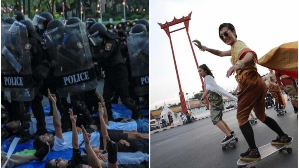 Riot police move in on anti-government protesters lying on the ground on Sunday, at left. At the same time nearby, hundreds participated in a government-backed surfskating event without interruption, at right. Photos: Watanya Wongopasri, iLaw
