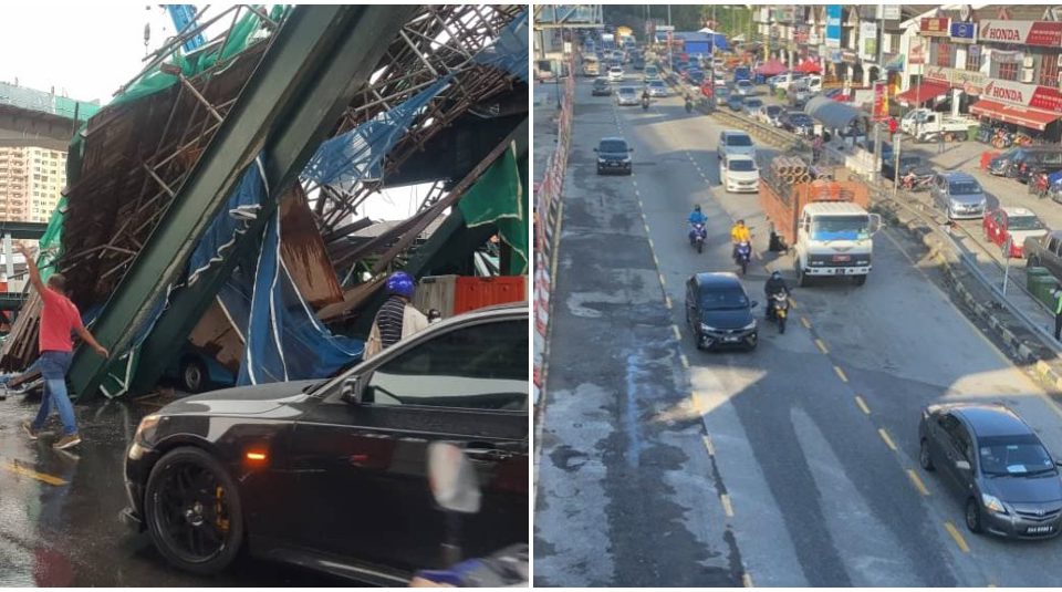 Scene of the collapse on March 3, 2020, at left, and view of the highway the next morning, at right. Photos: AzwanHM, Mysukeofficial/Twitter
