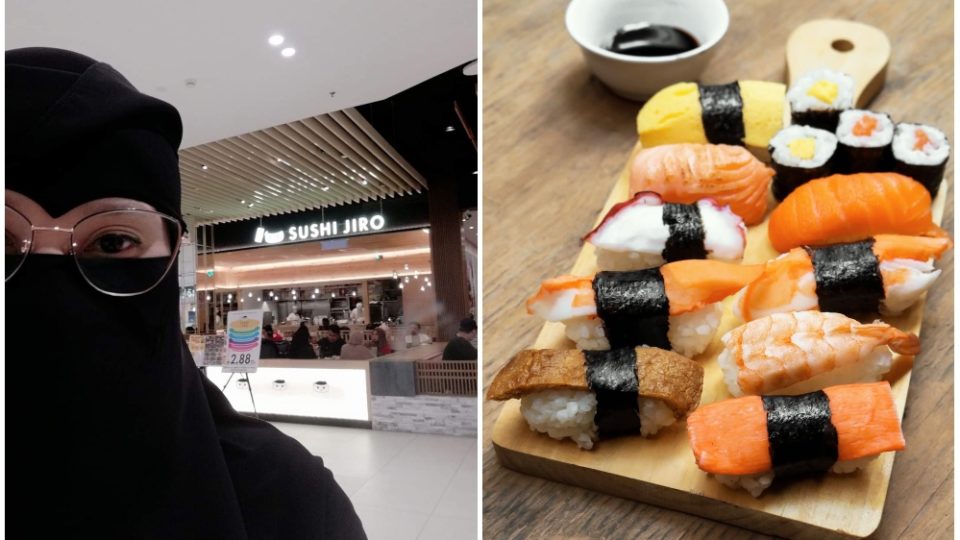 Emma Azri in front of a Sushi Jiro outlet, at left, and a file photo of sushi, at right. Photos: Emma Azri/Facebook and Fadya Azhary
