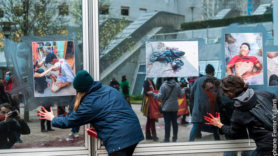 Extinction rebellion activists at French petrochemical firm Total’s headquarters in Paris.  Photo: Stephane Ferrer Yulianti / Courtesy