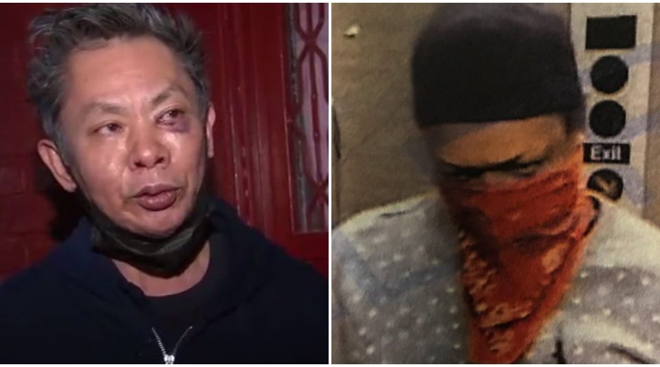 Teoh speaking to reporters yesterday, and a photo of the suspect. Photos: Eyewitness News/YouTube, NYPD/Twitter