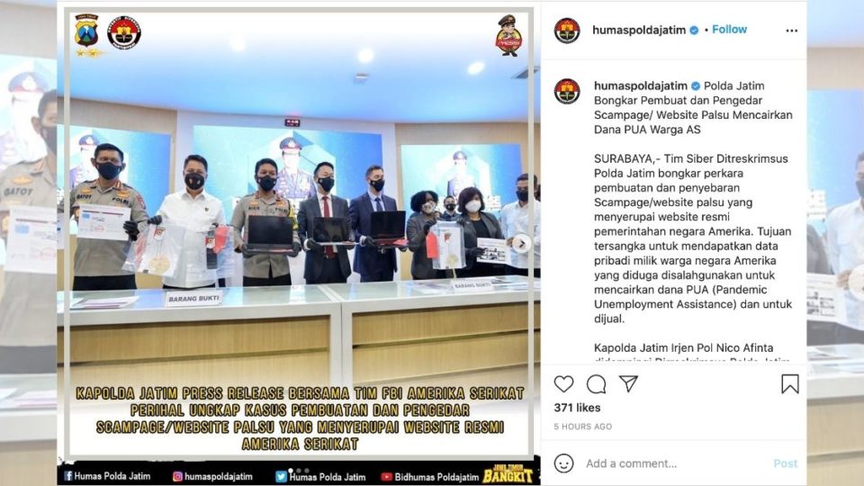 Two Indonesian hackers who allegedly created a fake website to collect COVID-19 relief from the US government paraded by the police in a press conference. Screenshot from Instagram/@humaspoldajatim