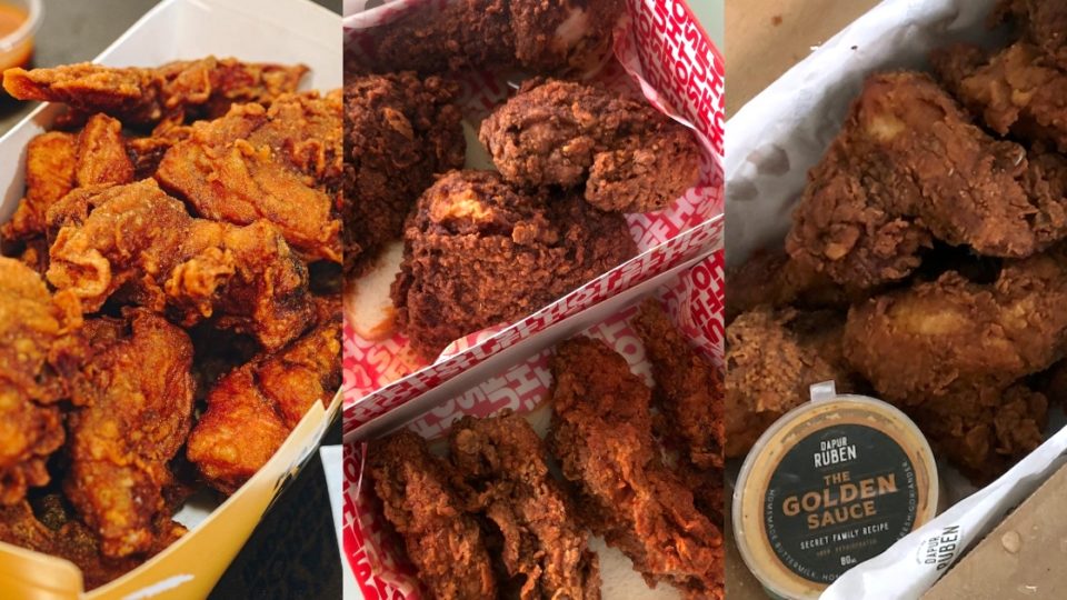 Fried chicken is undoubtedly beloved by many in Jakarta, no matter the variation. (L-R) Fried Chicken Master, Hot Stuff Chicken, and Dapur Ruben. Photo: Instagram/@friedchickenmaster.id, Nadia Vetta Hamid for Coconuts Media