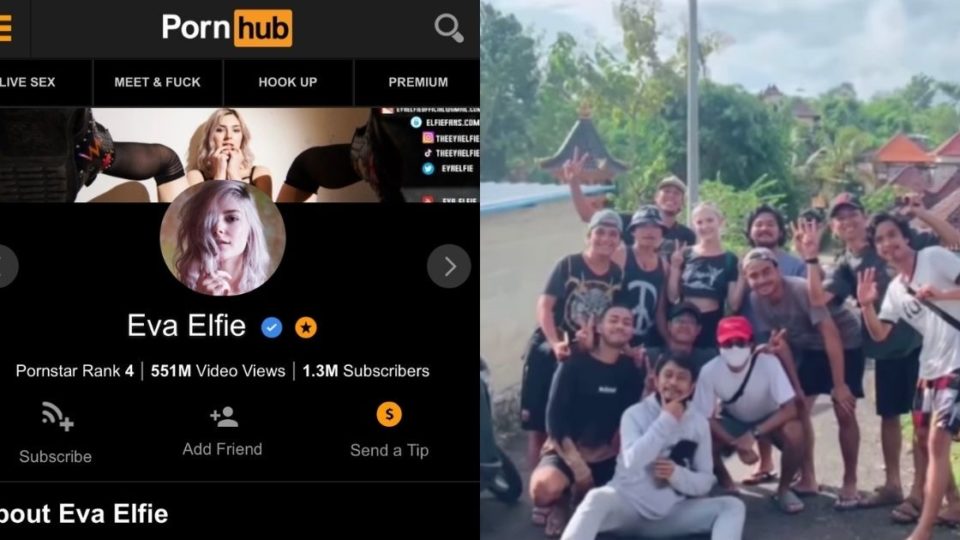 Eva Elfie’s Pornhub page (Left) and the pornstar taking a photo with fans in Bali (Right)