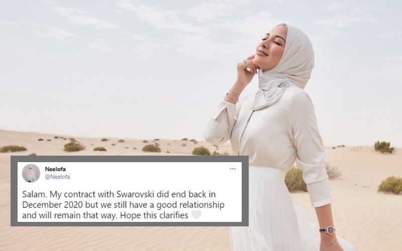 Neelofa’s tweet on working with Swarovski and a 2019 photo of Swarovski’s Hari Raya campaign. Photos: Neelofa/Twitter