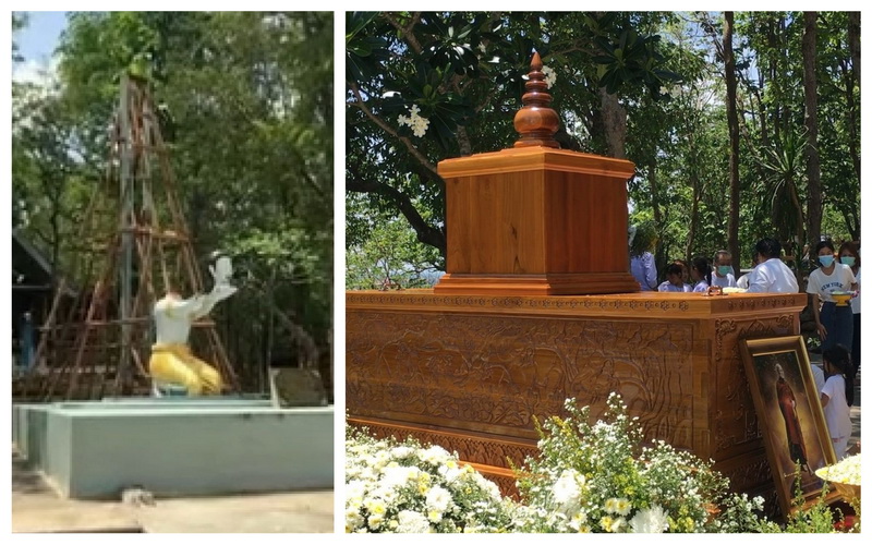 At left, the guillotine which abbot Dhammakorn allegedly used to behead himself at 5:19 am on April 15. At right, his funeral two days later at the same location. The wooden box on top presumably contained the monk’s head. Photos: Thairath, pool.