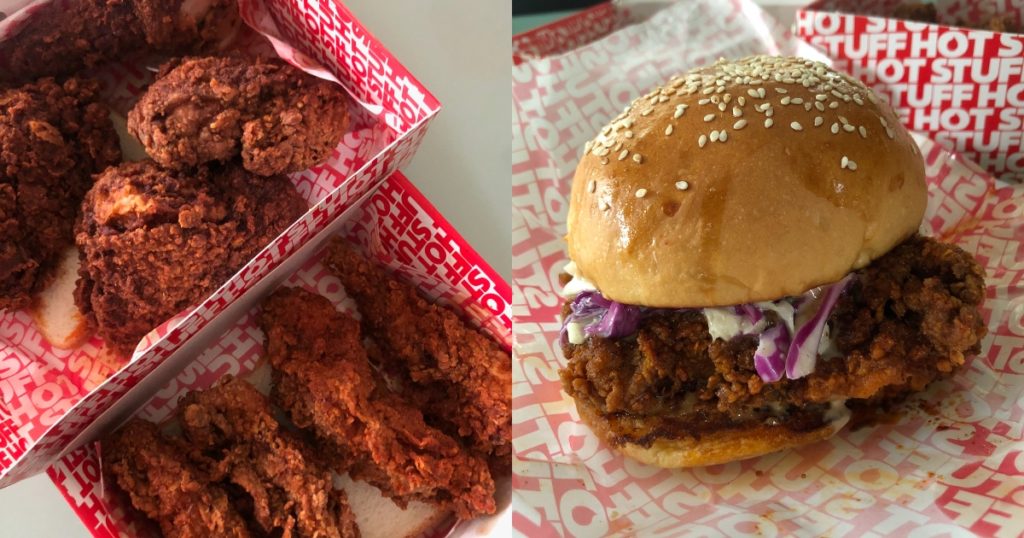 Hot Stuff Chicken's Half Chicken in medium and Chicken Tenders in hot (L); Chicken Burger in fire (R).