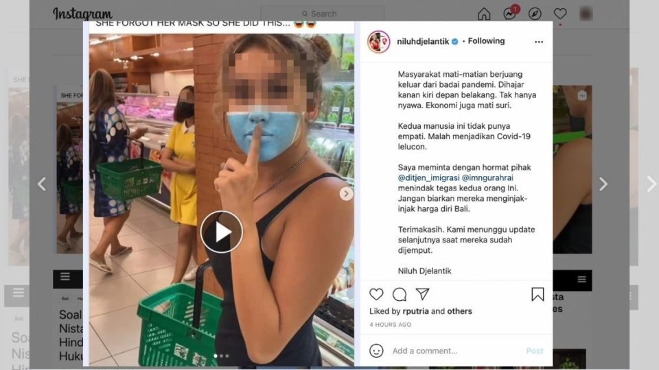 Balinese designer and politician Niluh Djelantik’s radar was among those who posted screengrabs of the video on her social media accounts and called on immigration authorities to arrest and deport the influencers. Screengrab: Instagram