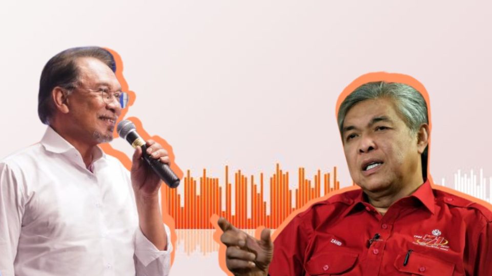 Anwar Ibrahim and Zahid Hamidi against SoundCloud waves. Photo: Coconuts
