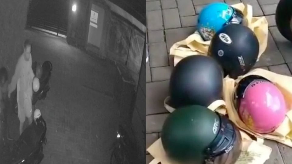 Left, CCTV footage showing the moment IK stole the helmets. Right, the helmets were eventually returned to the owners. Screengrabs: Instagram