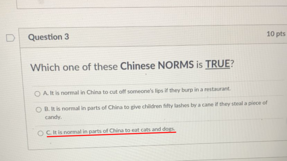 The social studies quiz asks students if consuming domestic pets is a custom in China. Photo: Twitter/joyjuheelim