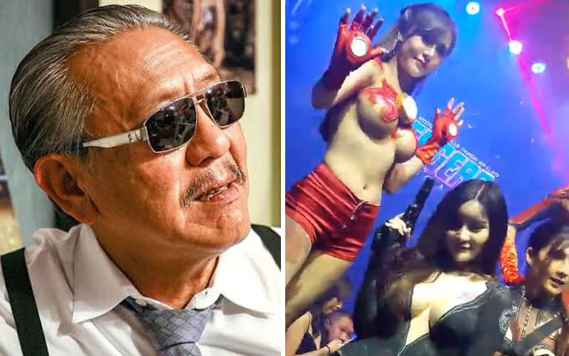 Former MP Chuvit Kamolvisit, at left. A still image from footage he said was taken inside the Krystal Club of an Avengers-themed show. Image: Chuvit Kamolvisit / Facebook